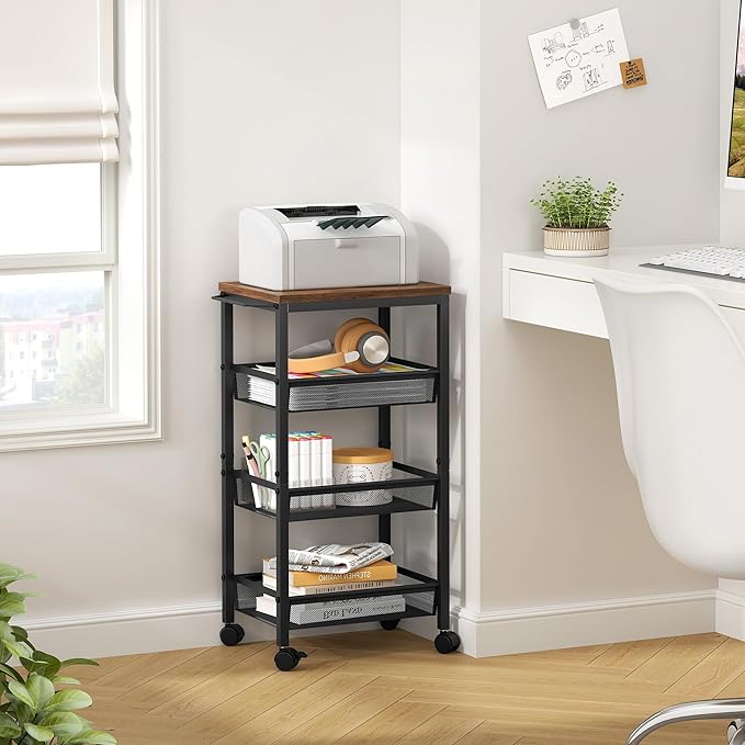 Hoctieon Rolling Storage Cart, 4-Tier Wide Panel Kitchen Storage Cart, Utility Carts with Handle & Wheels, Mobile Shelving Unit, Metal Frame Narrow Carts for Home Kitchen, Laundry, Rustic Brown