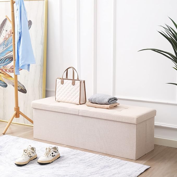 CUYOCA Shoe Storage Ottoman Foldable Seat Footrest Tufted Bench End of Bed Storage with Flipping Lid, 166L Storage Upholstered , Linen Fabric Beige, 45.3 Inches-NeatNest