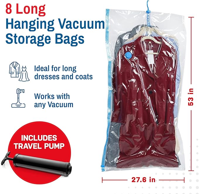 Hanging Vacuum Storage Bags for Clothes & Coats – 8 Pack Vacuum Seal Garment Bags for Hanging Storage – Space Saving Compression Bags for Clothing, Jackets, Winter Coats – Transparent