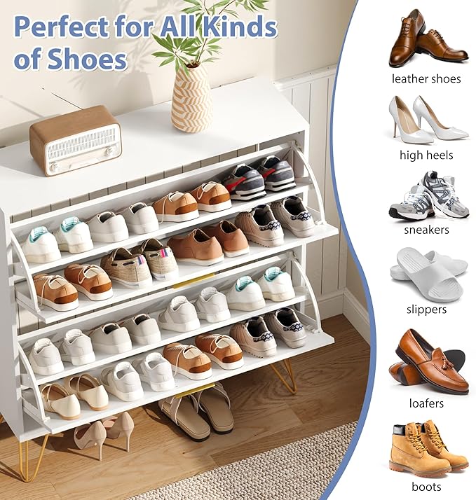 Shoe Cabinet with 2 Flip Drawers, Shoe Storage Cabinet Entryway Slim, White and Gold Narrow Shoe Cabinet w/Metal Legs, Hidden Freestanding Shoe Rack Organizer for Entryway, White-NeatNest