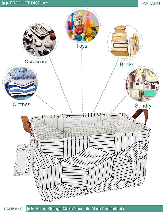 FANKANG Storage Basket,Nursery Hamper Canvas Laundry Basket Foldable with Waterproof PE Coating Storage, Office, Bedroom, Clothes,Toys (L, REC-Diamond)