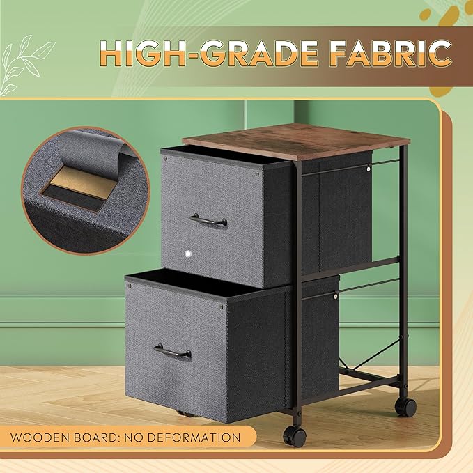 DEVAISE 2 Drawer Mobile File Cabinet, Rolling Printer Stand, Fabric Vertical Filing Cabinet fits A4 or Letter Size for Home Office, Rustic Brown-NeatNest