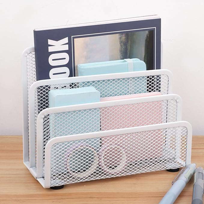 EASEPRES Desk Mail Organizer, Office Small Desktop Metal Mesh Envelope Letter Sorter Paper File Holder Organizer with 3 Vertical Upright Compartments, White 2 Pack