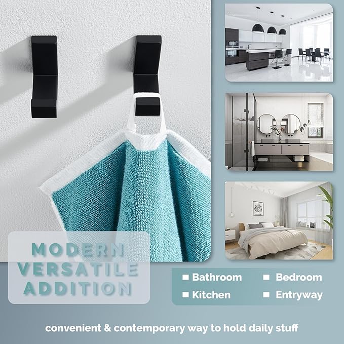 Angle Simple Towel Hook Matte Black 2 Pack, 304 Stainless Steel Bathroom Coat Robe Hook for Wall
