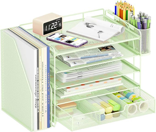 Desk Organizers and Accessories, 5-Tier Paper File Organizer with Drawer & Pen Holder, Office Desk Accessories Workspace Desktop Organizer for Office Supplies((Green)-NeatNest