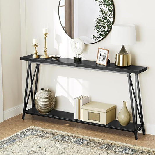 Console Table, 63" Industrial Entryway Table, Extra Long Sofa Table Behind Couch, X-Shaped Support, for Entryway, Hallway, Living Room, Black CTHB4801-NeatNest