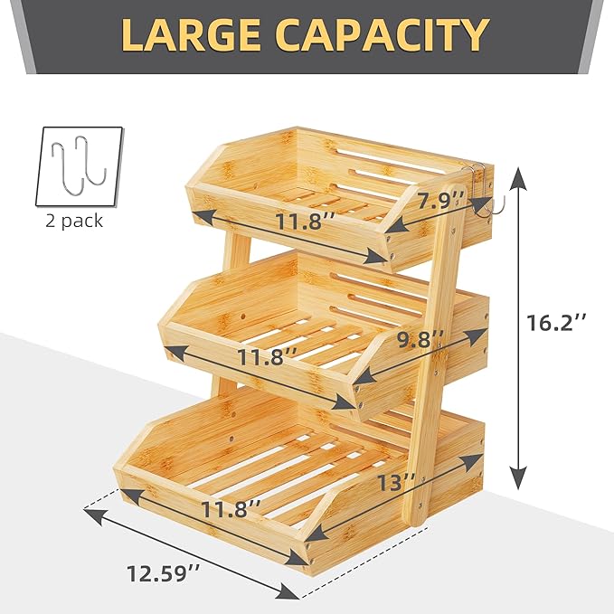 Bamboo 3 Tier Fruit Basket For Counter, Large Capacity Fruit Storage Countertop, Fruit Holder, Wooden Pantry Organizers and Storage, Kitchen Countertop Organizer With Two Banana Hangers (Bamboo)