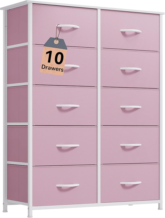 DWVO 10 Drawer Dresser - Fabric Storage Tower, Tall Chest Organizer Unit, Living Room, Hallway, Closets - Sturdy Steel Frame, Wooden Top & Easy Pull Fabric Bins, Pink-NeatNest