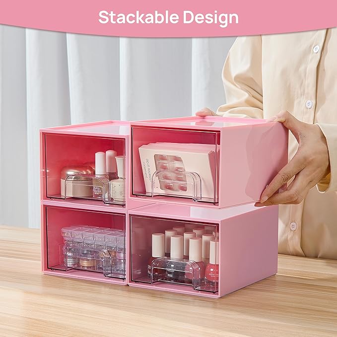 Vtopmart 4Pack Stackable Storage Drawers, 4.4'' Tall Bathroom Makeup Organizer,Plastic Storage Bins For Vanity, Undersink, Kitchen Cabinet, Pantry, Home Organization(Pink)-NeatNest