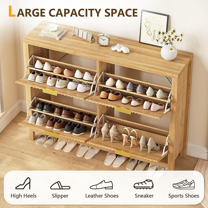 Shoe Cabinet Storage for Entryway, Fluted Shoe Cabinet with 4 Flip Drawers, Hidden Shoe Rack Freestanding Wooden Shoe Organizer with Legs for Hallway, Oak-NeatNest