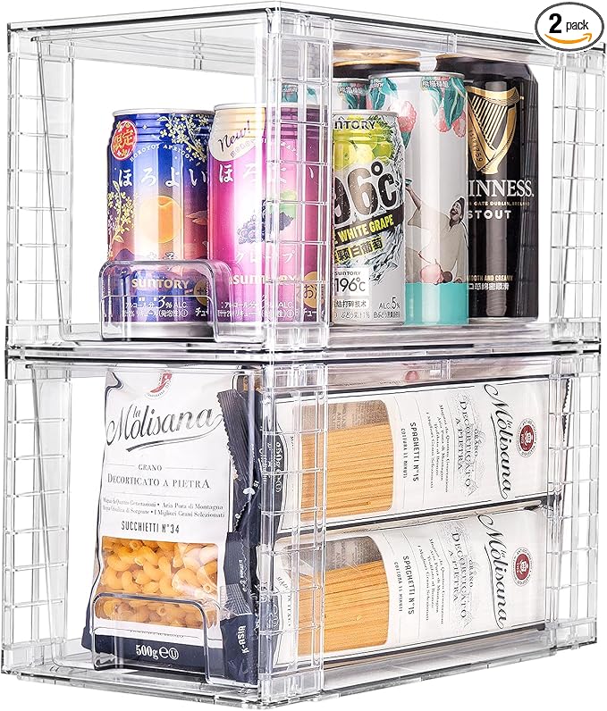 2Pack Large Stackable Kitchen Storage Drawers, Clear Foods Organizer Bins with Handles, Easily Assemble for Bathroom, Kitchen, Pantry, Cabinet, Closet(XL-Down Handle)-NeatNest