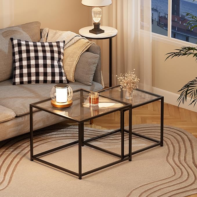 Glass Nesting Coffee Table Set of 2, Modern Minimalist Center Tables, Living Room Coffee Tables for Home, Office, Bedroom, Small Spaces, Space-Saving, Black