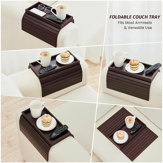 GEHE Bamboo Sofa Arm Tray, Foldable Couch Arm Tray Side Table, Anti-Falling Armrest Tables Cup Holder for Snacks, Drinks, Beers, Phone, Control, Flexible and Portable, Anti-Slip Bottom-NeatNest