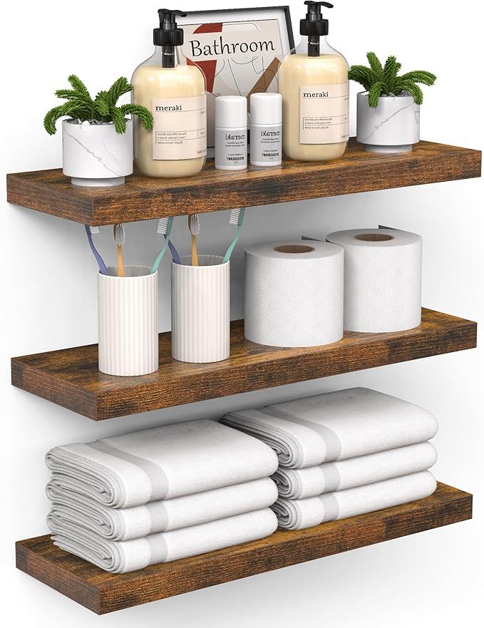 BAYKA Bathroom Floating Shelves for Wall โ Bathroom Shelf Over Toilet Farmhouse Rustic Wood for Bedroom, Kitchen, or Living Room Decor Organization โ Rustic Brown, Set of 3, Storage with 22lb Capacity-NeatNest