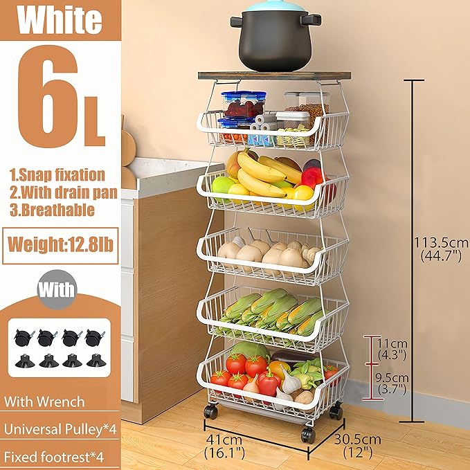 MURRI&MURRDI Fruit Vegetable Storage Basket with Wooden Lid, 6 Tier Stackable Storage Baskets with Wheels Produce Basket Organizer for Kitchen Rolling Rack Storage Cart for Pantry (White 6 Layer)