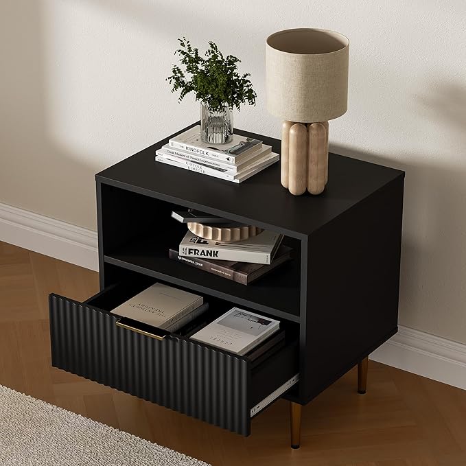 Black Nightstand Set of 2, Modern Nightstand with Drawer, End Table with Storage, Bed Side Table with Open Space for Bedroom, Side Table for Bedroom, Living Room, Black-NeatNest