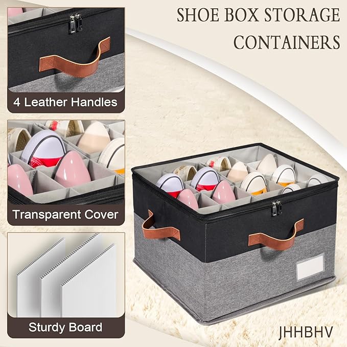 1 Pack Shoe Organizer for Closet, Adjustable Shoe Box Storage Containers, Large Foldable Shoe Bins with Clear Cover, Space Saving Shoes Holder with 4 Handles, Fits 8-16 Pairs, Black-NeatNest