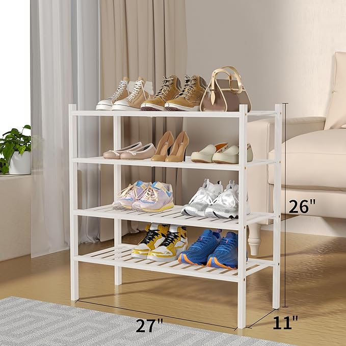 4 Tier Bamboo Shoe Rack for Closet Free Standing Wood Shoe Shelf for Entryway Small Space Stackable 27"x11"x26" (White)-NeatNest