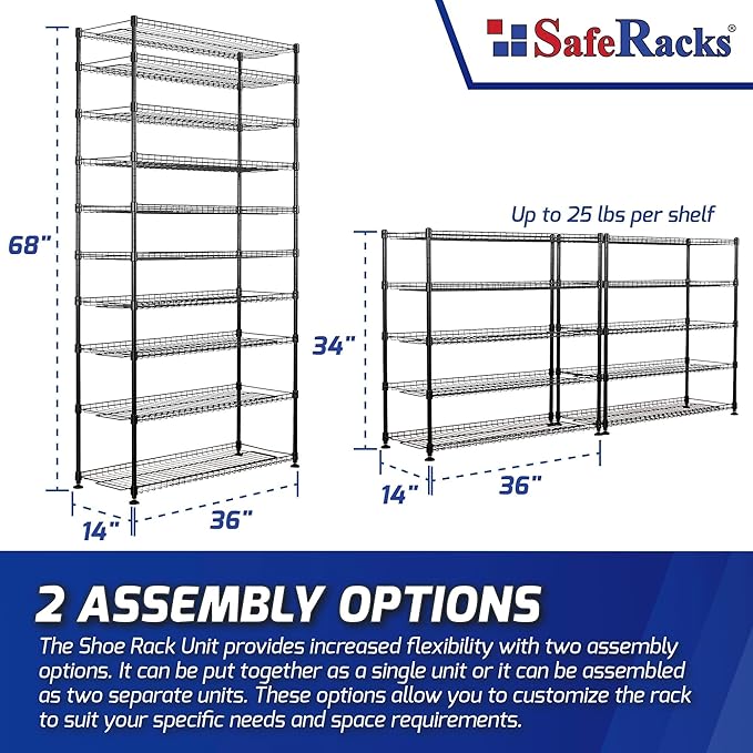 SafeRacks 10-Tier Shoe Rack - Black, Large Shoe Storage Organizer, 60 Pair, Heavy Duty Shoe Stand with Vertical Free Standing Shoe Shelf, Perfect for Entryway, Closet, Garage, & Bedroom Storage-NeatNest