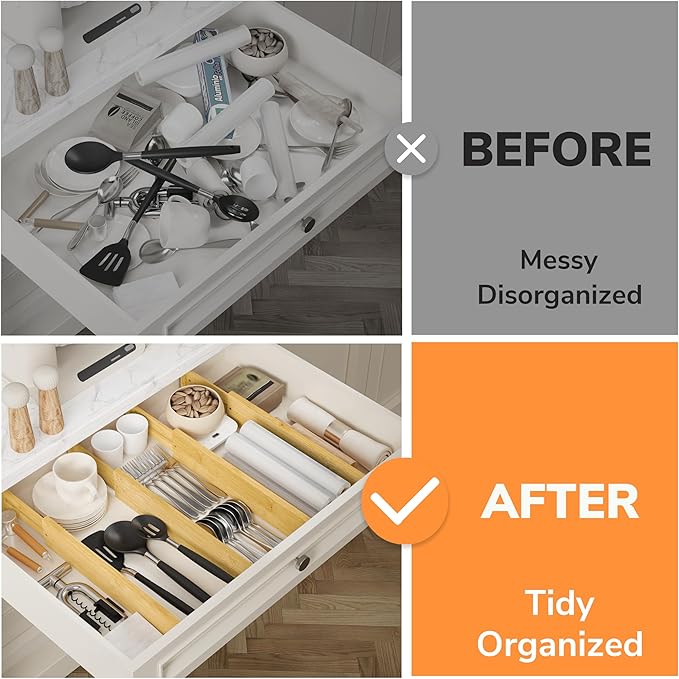 BAMEOS 3" H Bamboo Drawer Dividers - Adjustable Expandable Drawer Organizer - Kitchen, Bathroom, Bedroom & Office, 4-pack-NeatNest