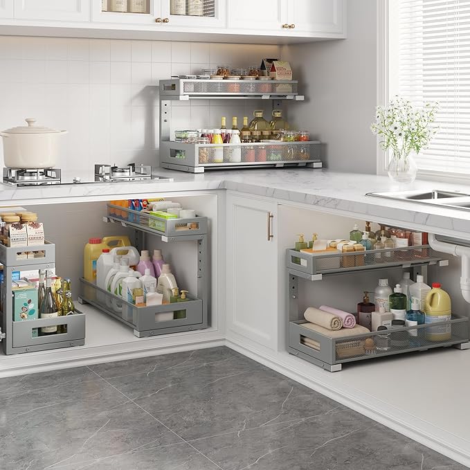 1 Pack 19IN Depth Under Sink Storage Organizer, Large 2-Tier Elegant Mesh Pull Out Shelf for Kitchen and Bathroom Cabinet Organization, L-Shaped and Adjustable Height Design-Gun Gray-NeatNest