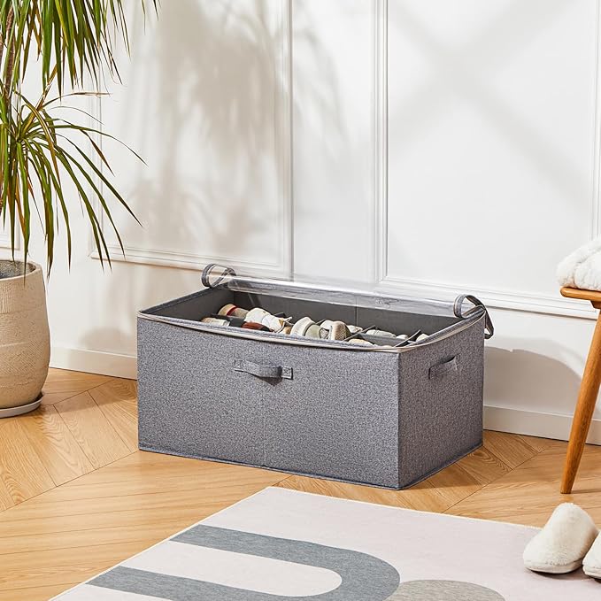 Shoe Storage Organizer for Closet, Shoe Box Organizer, Space Saving Foldable Shoe Rack, Shoe Storage Cabinet with Clear Cover and Reinforced Handles, Fits 20 Pairs, Grey-NeatNest