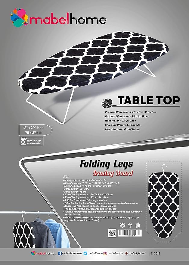 Mabel Home Table Top Ironing Board with Folding Legs, Extra Cover (Diamond)