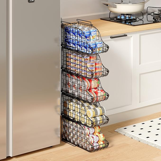 4-Pack Stackable Canned Food Organizer with Handles for Kitchen, Soda Can Organizer for Pantry Shelves, Wire Cabinet Shelf for Can Storage, Foldable Soda Dispenser, Patent Pending, Black
