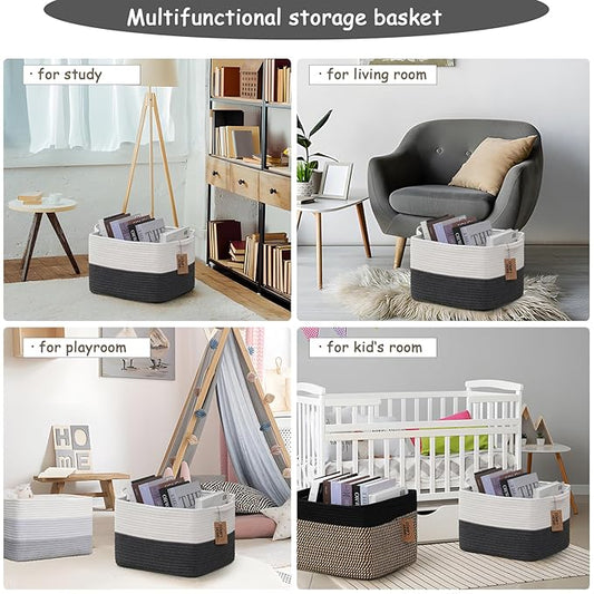 COMFY-HOMI Cotton Rope Woven Basket with Handles for Shelves,Toys,Book, Cloth Storage Baskets Bin for Organizing-13.5"x11"x9.5" Toy Decorative Organizer for Living Room, Bathroom-White/Dark Grey-NeatNest