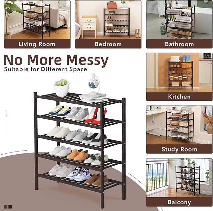 5 Tier Bamboo Shoe Rack Storage Organizer for Closet, Multifunctional Stackable Free Standing Shoe Shelf Organizer for Small Space,Entryway, Hallway, Bathroom27 x11 x32 (Brown, 5 Tier)-NeatNest
