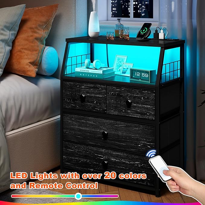EnHomee Nightstand with Charging Station & LED Lights, 21.8" W Bedside Table with 4 Fabric Drawers, Night Stand with Outlets and 2 Ports for Bedroom, Table with Wood Shelf, Black
