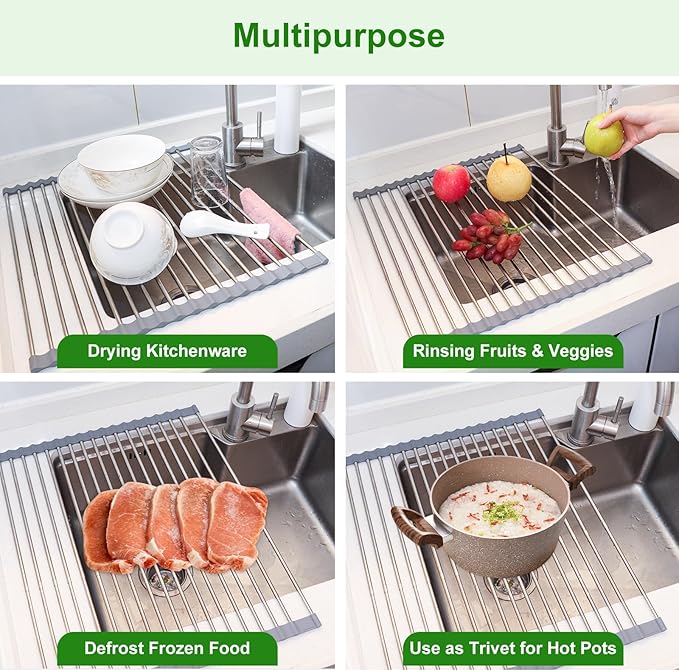 Dish Drying Rack Expandable Up to 23.6", Roll Up Over The Sink Dish Drying Rack, Extra Large Stainless Steel Multipurpose Kitchen Sink Drainer - 23.6"(L) x 15.7"(W)