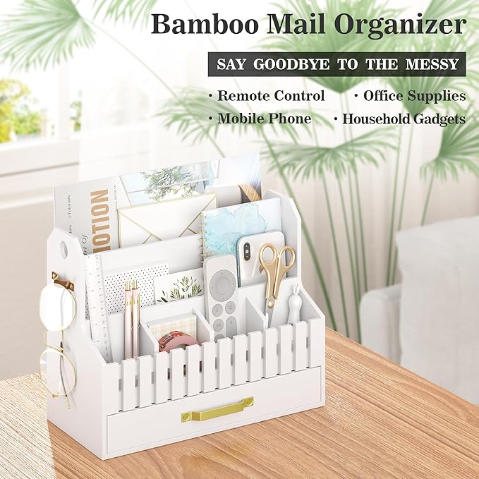 Bamboo Mail Organizer Countertop with Drawers, Wood Desk File Organizer Desktop Paper Organization Storage Bill & Letter Sorter Holder for School Home Office Supplies, No Assembly Required (White)-NeatNest