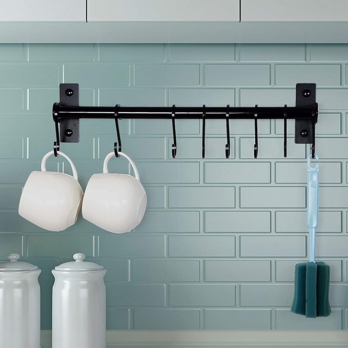 Dseap Kitchen Utensil Holder Hanger, Pot and Pan Rack Wall Mounted, Kitchen Rail with 8 Hooks for Hanging Cooking Utensils, Mugs, Spoons, Wall Mounted, Black-NeatNest