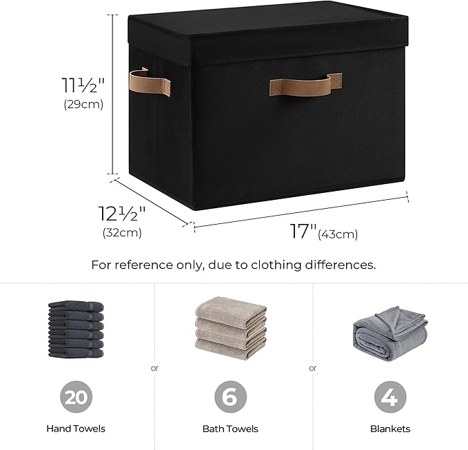 StorageWorks Fabric Storage Bins with Lid, Decorative Storage Boxes for Shelves, Stackable Closet Organizer Basket with Handles, Jumbo, Black, 2-Pack-NeatNest