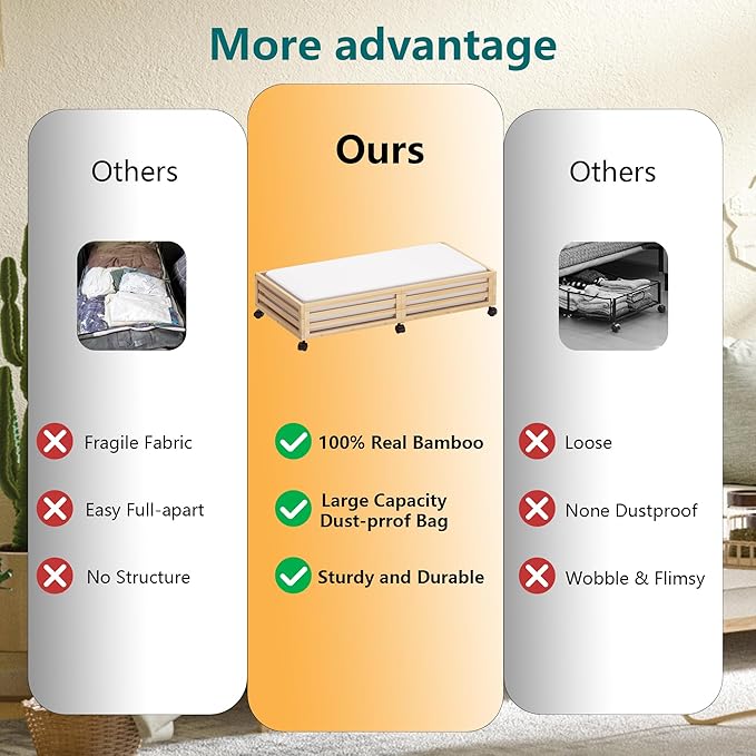Bamboo Under Bed Storage Containers- Underbed Organizer with Wheels with Large Dust Bag,Sturdy Wood Rolling Under the Bed Shoe Storage Organizer Drawer 2 Packs (Nature, Long)-NeatNest