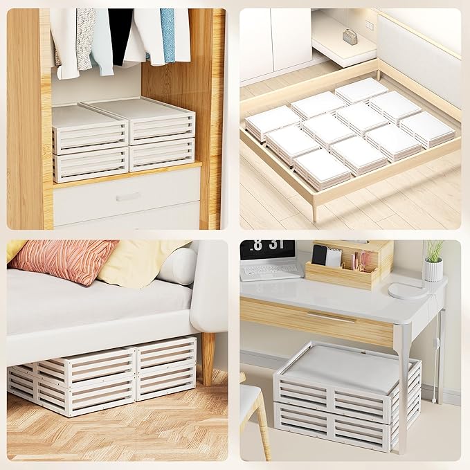 Bamboo Under Bed Storage Containers- Underbed Organizer with Wheels with Large Dust Bag,Sturdy Wood Rolling Under the Bed Shoe Storage Organizer Drawer 2 Packs (White, Small)-NeatNest