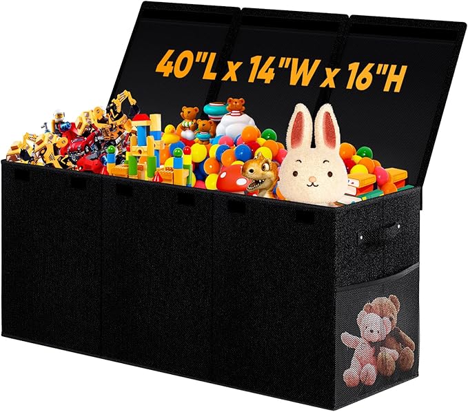 Extra Large Toy Storage Box with Lid Divider, Sturdy Collapsible Toys Organizer Chest Kids Storage Bins Boxes Baskets for Boys, Girls, Nursery, Bedroom, Living Room, Playroom, 40"x14"x16", Black
