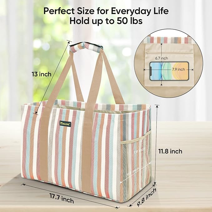 BALEINE Soft 9 Gallon Extra Large Utility Tote, Foldable Reusable Storage Bag (Color Stripe)-NeatNest