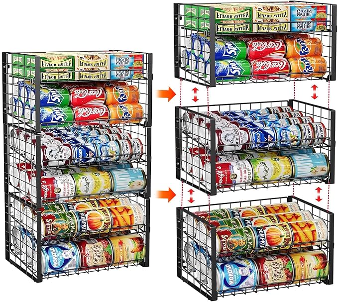 JKsmart 2-Tier Stackable Rack Organizer for Pantry, Adjustable Dispenser Holds Up to 90 Cans, Storage Holder for Various Ounces of Canned Drinks, Black, 3 Pack-NeatNest