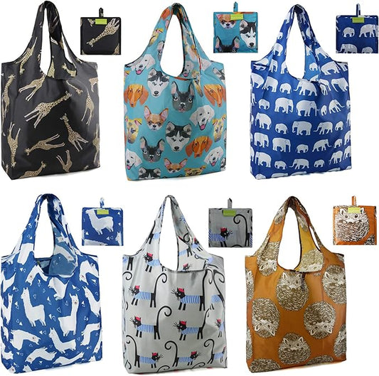 BeeGreen Shopping Bags Cloth Grocery Bags Foldable Travel Bag Tote Bags Bulk - Reusable Gift Bags with Handles (6 Pack) - Heavy Duty Large Washable Animal Holiday Design for Women Travel & Groceries-NeatNest