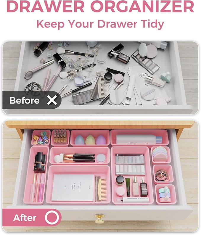 25 PCS Plastic Drawer Organizers Set, 4-Sizes Vanity and Makeup Organizer, Desk and bathroom Drawer Organizer Trays, Organizers and Storage for Makeup, Jewelry, Gadgets, Utensils (Pink)-NeatNest