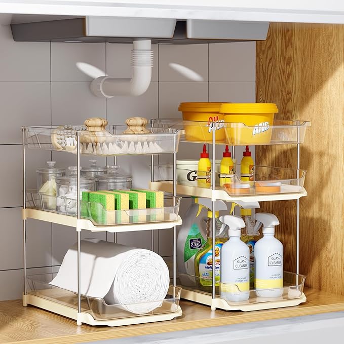 Delamu 2 Sets of 3-Tier Bathroom Under Sink Organizers and Storage, Multi-Purpose Stackable Pantry Organization and Storage, Beige-NeatNest