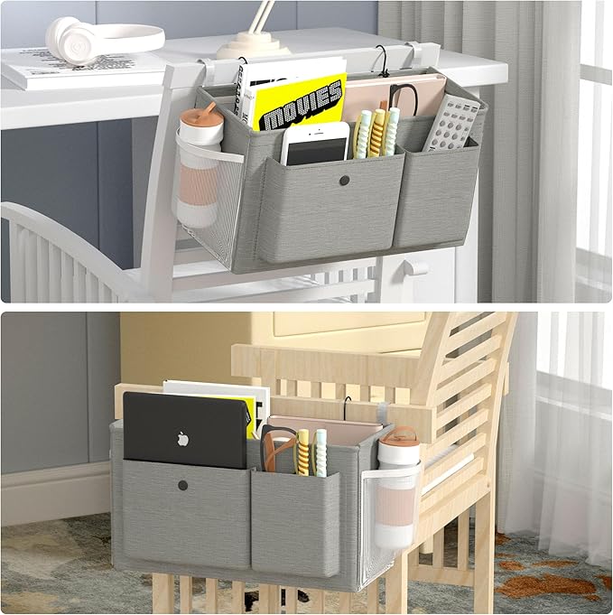 Bedside Caddy Bedside Organizer with Fixed Straps & Water Bottle Holder, Bunk Bed Caddy ideal for Home, Dorm, Hospital, Crib, Versatile Bedside Storage Solution (Grey)-NeatNest