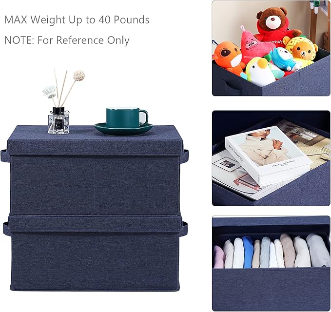 HOONEX Foldable Storage Bins with Lids, Pack of 2, Storage Boxes with 2 Carrying Handles and Heavy Cardboard, 16.5" L x 11.8" W x 7.5" H for Shoes, Clothes, Blue-NeatNest