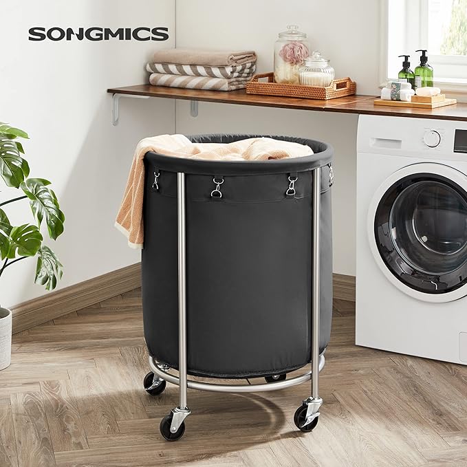 SONGMICS Laundry Basket with Wheels, Rolling Laundry Hamper, 45 Gal., Round Laundry Cart with Steel Frame and Removable Bag, 4 Casters and 2 Brakes, Black and Silver URLS001B01