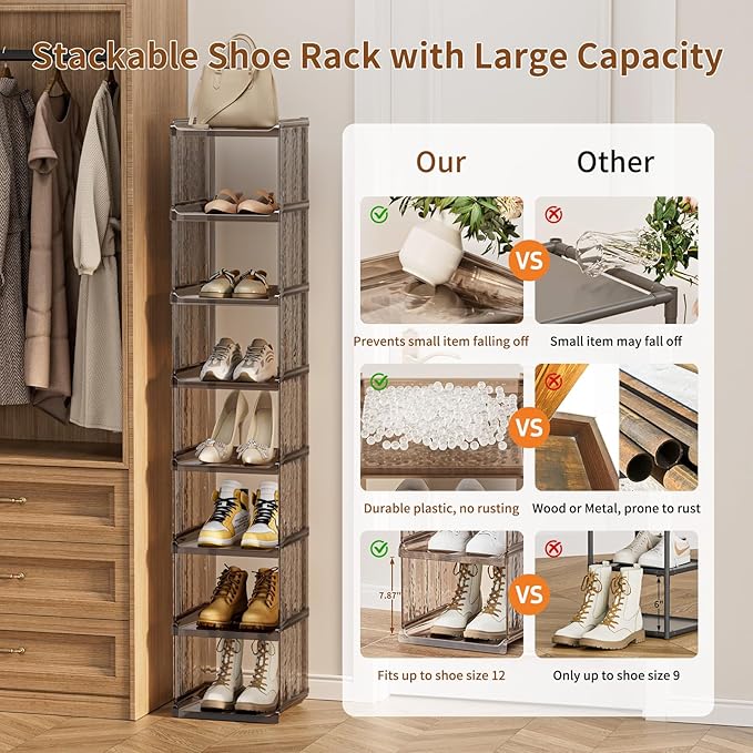 HAIXIN Vertical Shoe Rack for Closet, 5-Tier Modular Shoe Organizer for Front Door Entrance, Shoe Storage Cabinet, Narrow Stackable Shoe Stand Shelf Tower Space Saving for Entryway, Corner - Brown-NeatNest