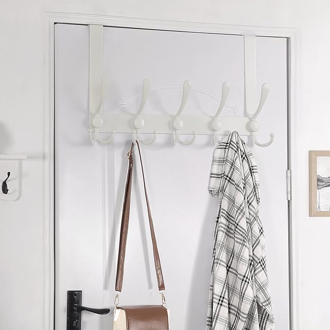 Dseap Over The Door Hook Hanger - 5 Tri Hooks, Heavy Duty Over The Door Towel Rack Coat Rack for Clothes Jacket, Hat Towel, White