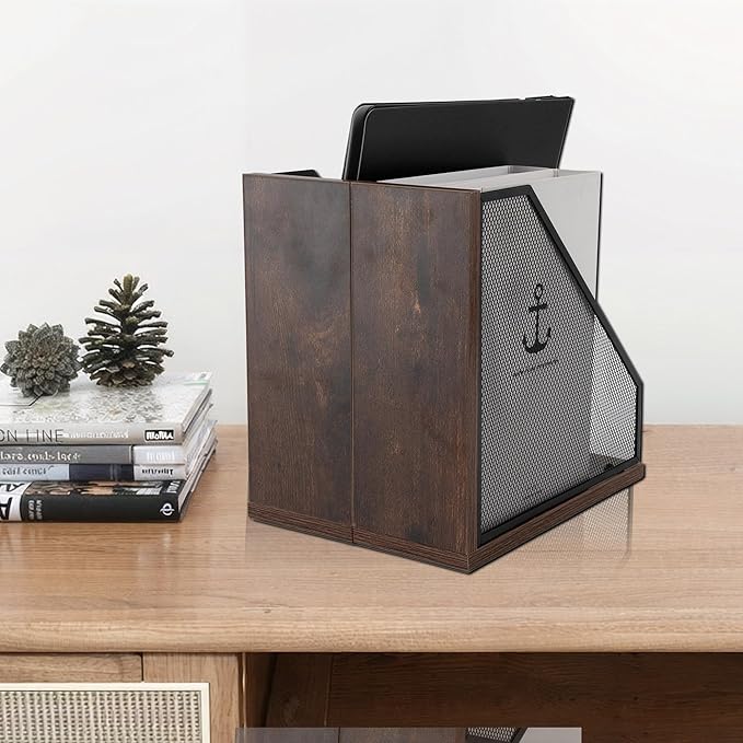 Antique Wooden Magazine Holder,Mesh File Holder for Desk, Office Desk Accessories Decorative File Box (2 Pack Black)