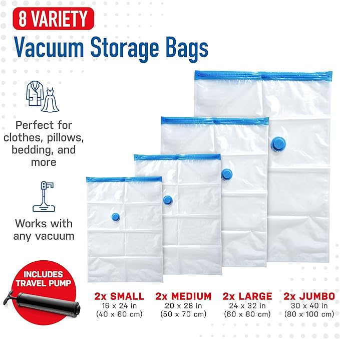 Spacesaver Vacuum Storage Bags with Hand Pump - Vacuum Seal Bags for Clothing, Comforters, Blankets - Reusable Compression Bags for Travel, Moving, Organization - 2S, 2M, 2L, 2XL Sizes - Pack of 8-NeatNest